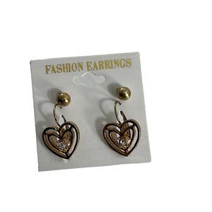 Vintage Fashion Earrings Gold Tone Studs Dangle Hearts Rhinestones Korea New